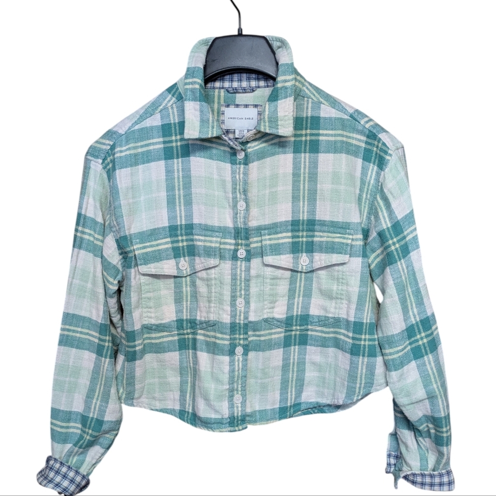 American Eagle Cropped Flannel Cotton Shirt Green Plaid Size Small - Picture 1 of 7